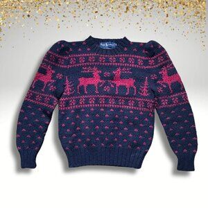 VTG Ralph Lauren Archival Hand-Knit Wool Reindeer Intarsia Sweater • Puff Sleeve
